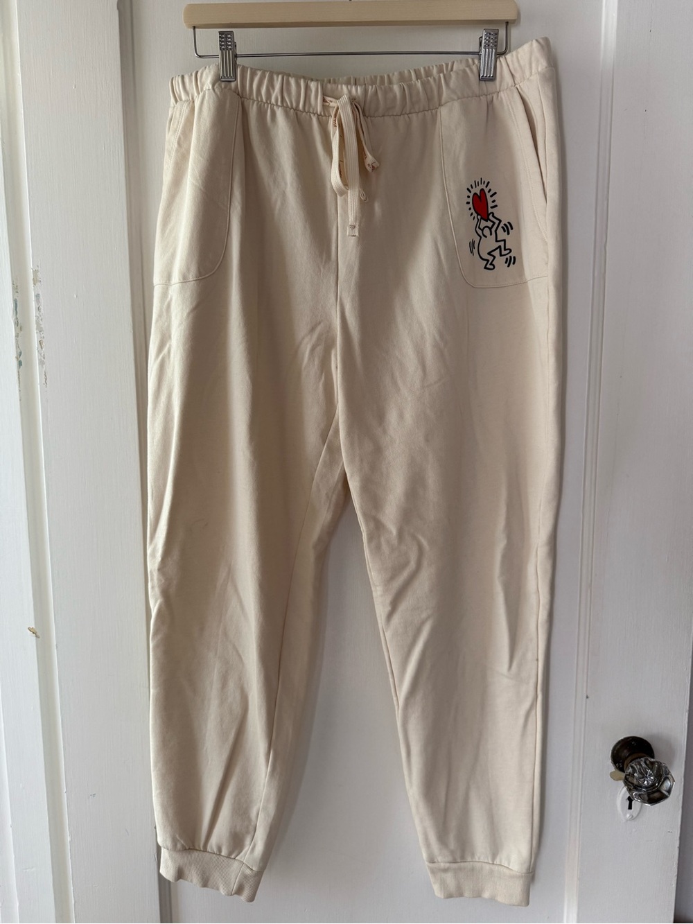 Keith Haring Sweatpants Joggers Unisex Drawstring Ivory Size XL Lounge Cozy
